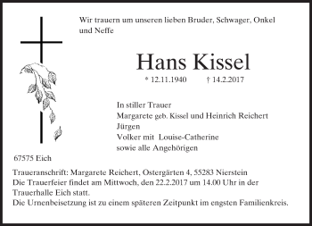 Traueranzeige von Hans Kissel von Trauerportal Rhein Main Presse