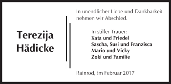 Traueranzeige von Terezija Hädicke von  Kreisanzeiger
