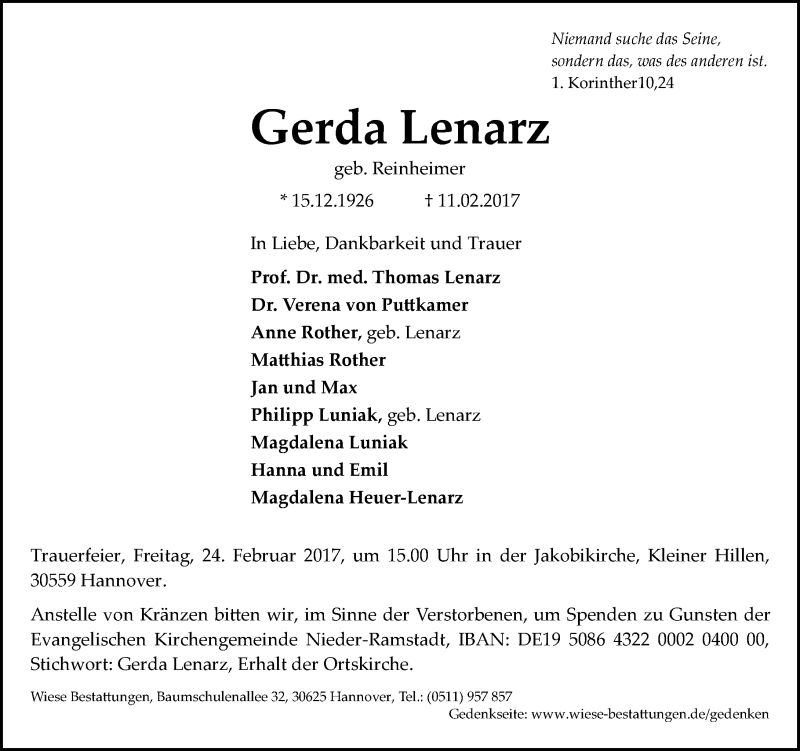  Traueranzeige für Gerda Lenarz vom 18.02.2017 aus Trauerportal Echo Online