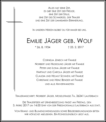 Traueranzeige von Emilie Jäger von VRM Trauer