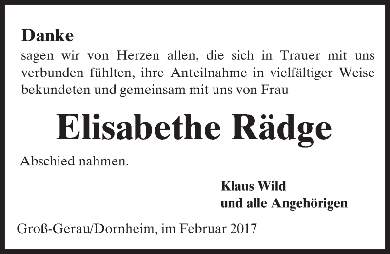  Traueranzeige für Elisabethe Rädge vom 04.02.2017 aus Trauerportal Rhein Main Presse