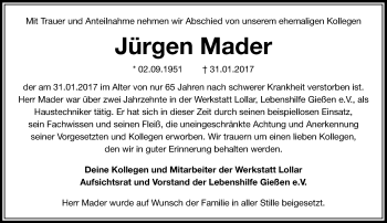 Traueranzeige von Jürgen Mader von  Gießener Anzeiger