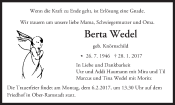Traueranzeige von Berta Wedel von Trauerportal Echo Online