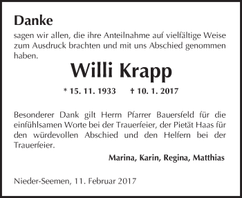 Traueranzeige von Willi Krapp von  Kreisanzeiger