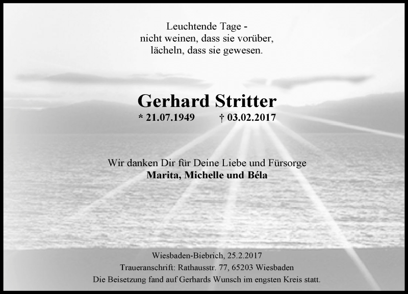  Traueranzeige für Gerhard Stritter vom 25.02.2017 aus Trauerportal Rhein Main Presse