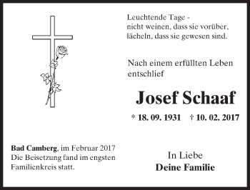 Traueranzeige von Josef Schaaf von  Camberger Anzeiger