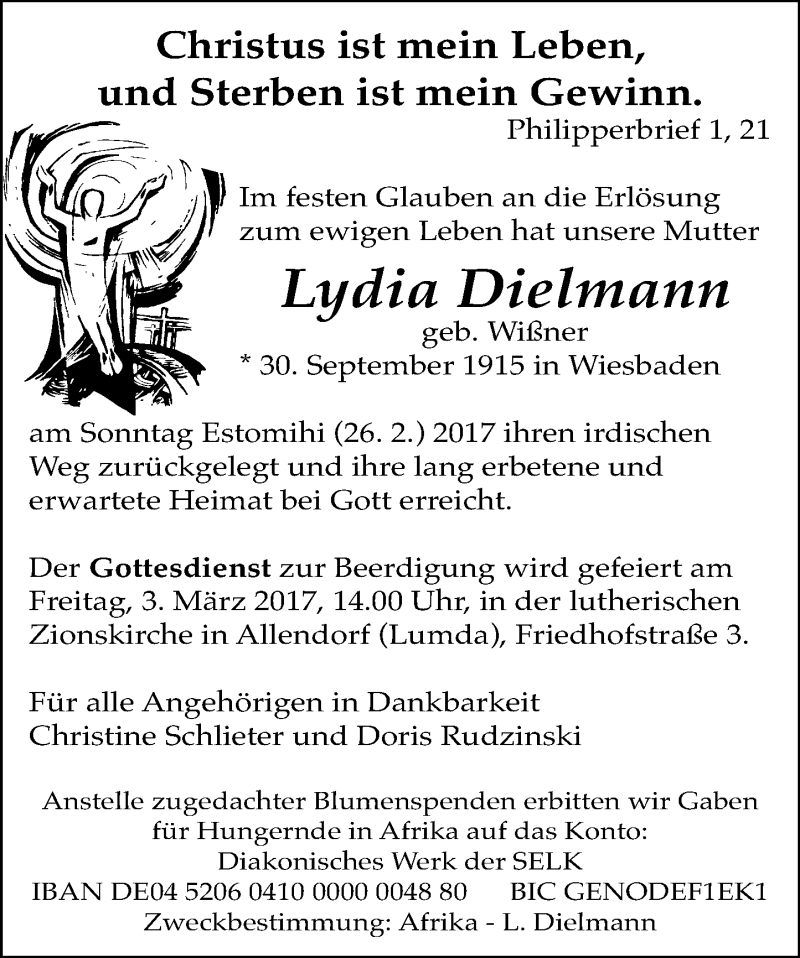  Traueranzeige für Lydia Dielmann vom 01.03.2017 aus  Gießener Anzeiger