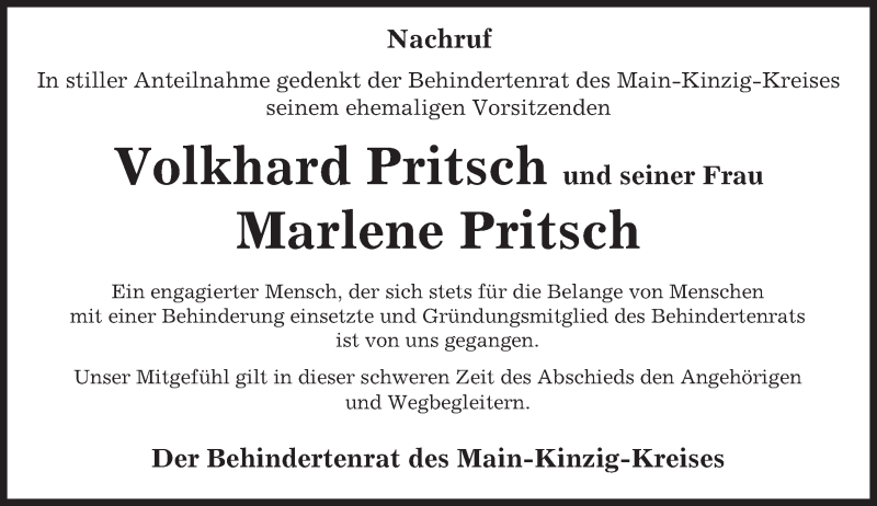  Traueranzeige für Volkhard und Marlene Pritsch vom 24.02.2017 aus  Gelnhäuser Tageblatt