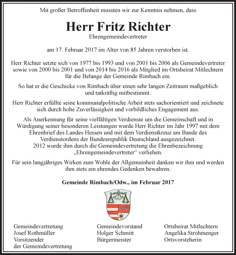  Traueranzeige für Fritz Richter vom 25.02.2017 aus Trauerportal Echo Online