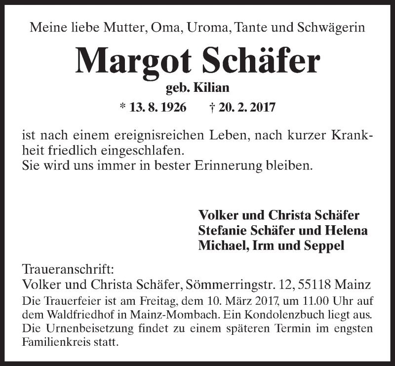  Traueranzeige für Margot Schäfer vom 25.02.2017 aus Trauerportal Rhein Main Presse