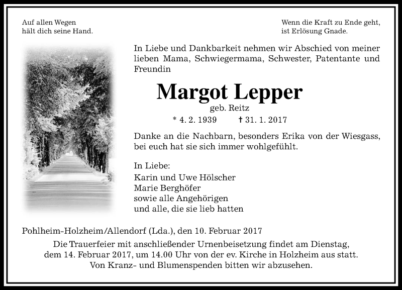  Traueranzeige für Margot Lepper vom 10.02.2017 aus  Gießener Anzeiger