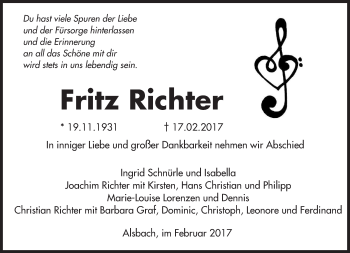Traueranzeige von Fritz Richter von Trauerportal Echo Online