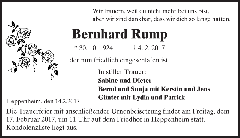  Traueranzeige für Bernhard Rump vom 15.02.2017 aus Trauerportal Echo Online