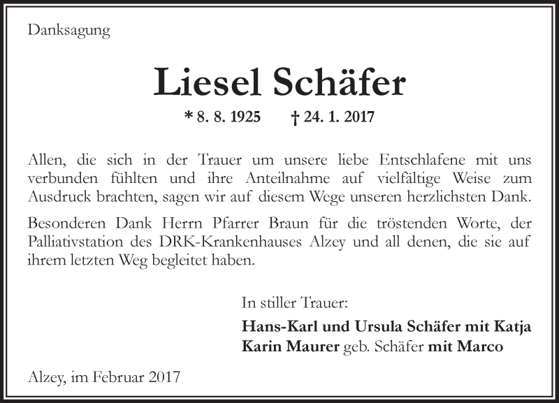  Traueranzeige für Liesel Schäfer vom 18.02.2017 aus Trauerportal Rhein Main Presse