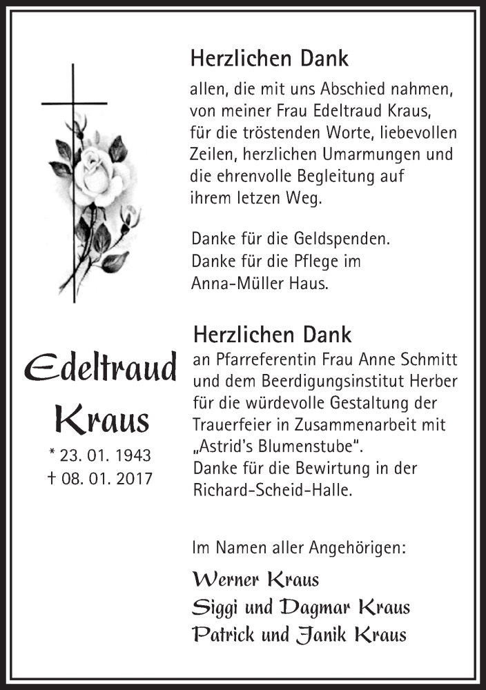  Traueranzeige für Edeltraud Kraus vom 16.02.2017 aus  Camberger Anzeiger