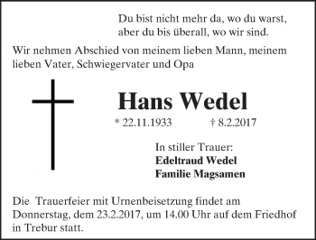 Traueranzeige von Hans Wedel von Trauerportal Echo Online