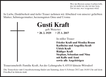 Traueranzeige von Gusti Kraft von Trauerportal Rhein Main Presse