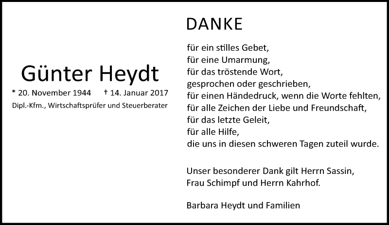  Traueranzeige für Günter Heydt vom 18.02.2017 aus Trauerportal Echo Online