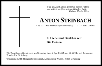 Traueranzeige von Anton Steinbach von  Gießener Anzeiger