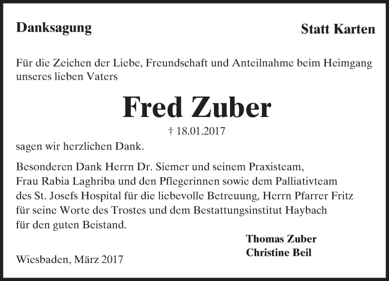  Traueranzeige für Fred Zuber vom 04.03.2017 aus Trauerportal Rhein Main Presse