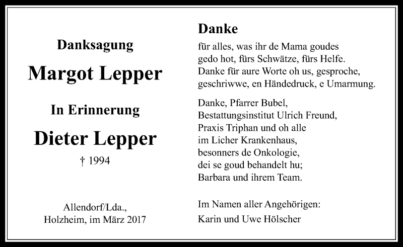  Traueranzeige für Margot Lepper vom 18.03.2017 aus  Gießener Anzeiger