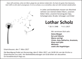 Traueranzeige von Lothar Scholz von  Kreisanzeiger