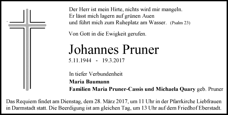  Traueranzeige für Johannes Pruner vom 25.03.2017 aus Trauerportal Echo Online