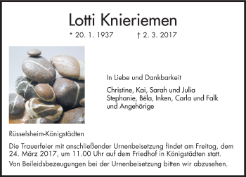 Traueranzeige von Lotti Knieriemen von Trauerportal Rhein Main Presse