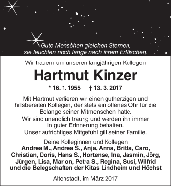 Traueranzeige von Hartmut Kinzer von  Kreisanzeiger