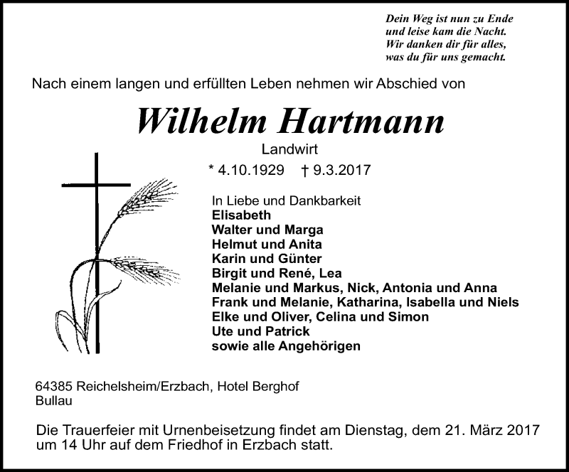  Traueranzeige für Wilhelm Hartmann vom 18.03.2017 aus Trauerportal Echo Online