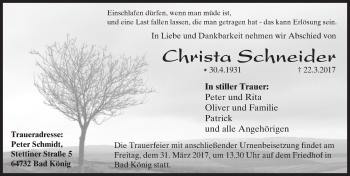 Traueranzeige von Christa Schneider von Trauerportal Echo Online