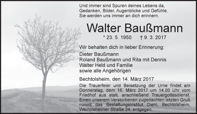  Traueranzeige für Walter Baußmann vom 14.03.2017 aus Trauerportal Rhein Main Presse
