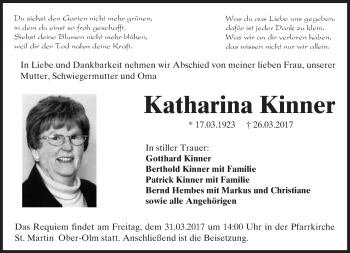 Traueranzeige von Katharina Kinner von Trauerportal Rhein Main Presse
