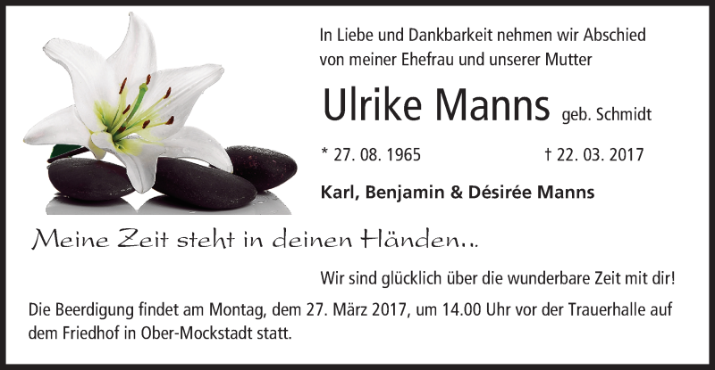  Traueranzeige für Ulrike Manns vom 25.03.2017 aus  Kreisanzeiger