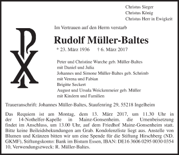 Traueranzeige von Rudolf Müller-Baltes von Trauerportal Rhein Main Presse