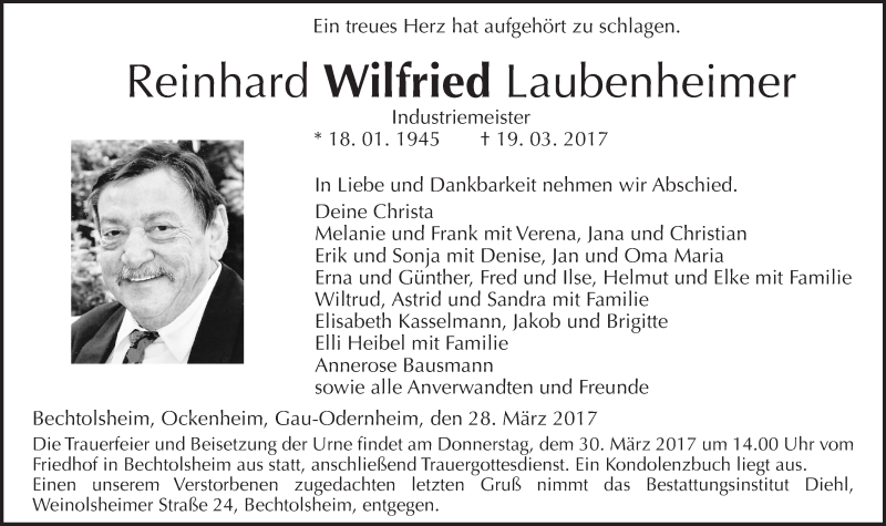  Traueranzeige für Reinhard Wilfried Laubenheimer vom 28.03.2017 aus Trauerportal Rhein Main Presse