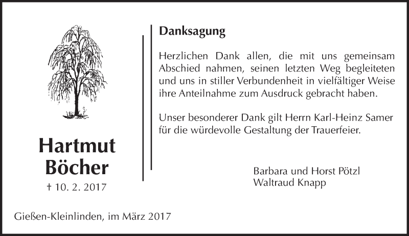  Traueranzeige für Hartmut Böcher vom 18.03.2017 aus  Gießener Anzeiger