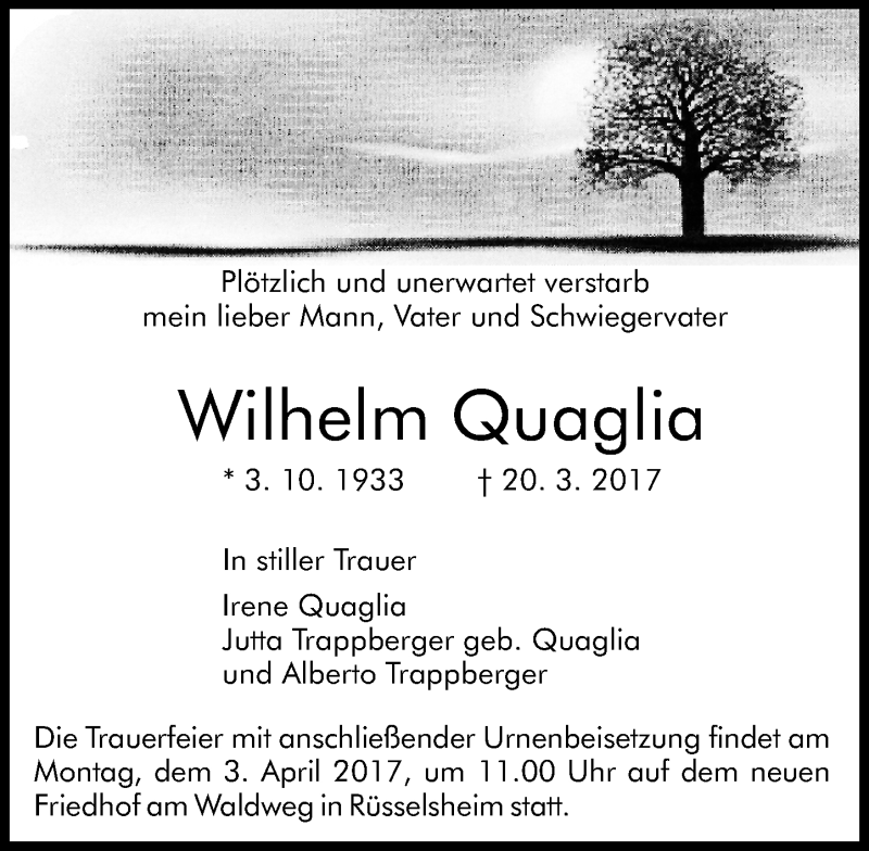  Traueranzeige für Wilhelm Quaglia vom 25.03.2017 aus Trauerportal Rhein Main Presse