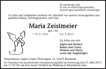 Traueranzeige von Maria Zeislmeier von Trauerportal Rhein Main Presse