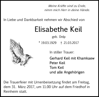 Traueranzeige von Elisabethe Keil von Trauerportal Echo Online