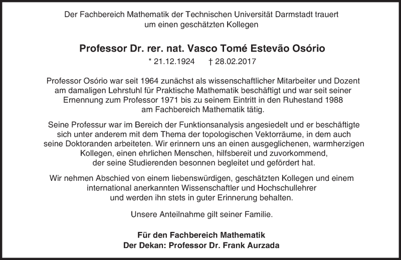  Traueranzeige für Vasco Tomé Estevão Osório vom 04.03.2017 aus Trauerportal Echo Online