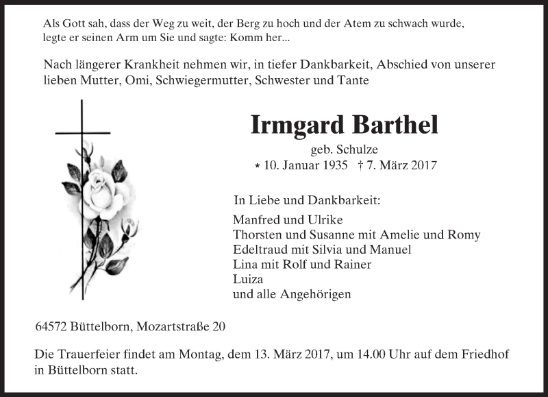 Traueranzeige für Irmgard Barthel vom 11.03.2017 aus Trauerportal Echo Online