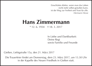 Traueranzeige von Hans Zimmermann von  Gießener Anzeiger