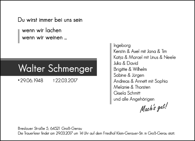  Traueranzeige für Walter Schmenger vom 25.03.2017 aus Trauerportal Rhein Main Presse