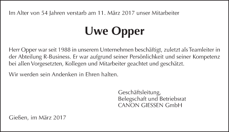 Traueranzeige für Uwe Opper vom 25.03.2017 aus  Gießener Anzeiger