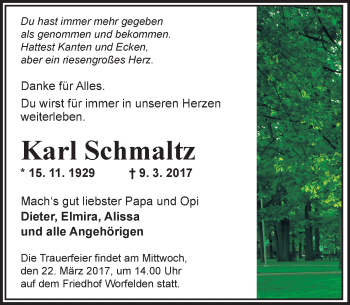 Traueranzeige von Karl Schmaltz von Trauerportal Echo Online