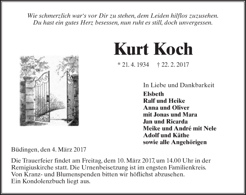  Traueranzeige für Kurt Koch vom 04.03.2017 aus  Kreisanzeiger