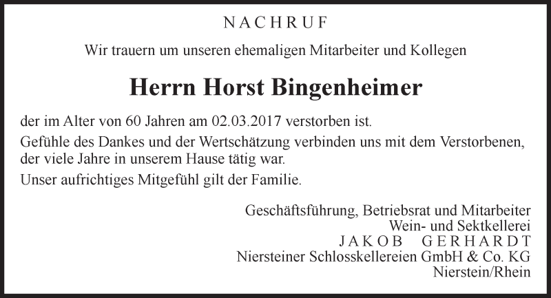  Traueranzeige für Horst Bingenheimer vom 15.03.2017 aus Trauerportal Rhein Main Presse