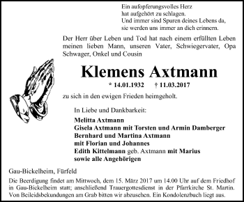 Traueranzeige von Klemens Axtmann von  Allgemeine Zeitung Alzey