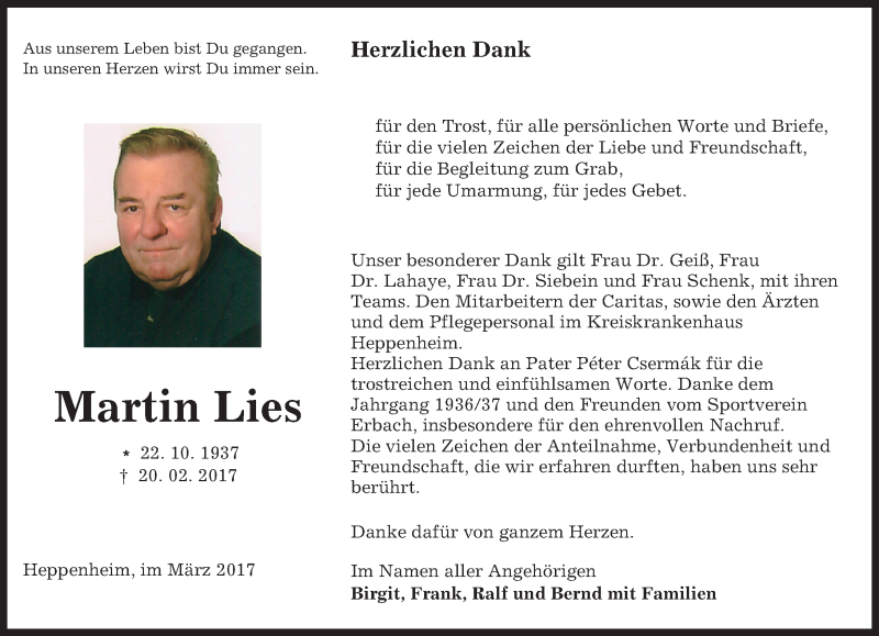 Traueranzeige für Martin Lies vom 11.03.2017 aus Trauerportal Echo Online